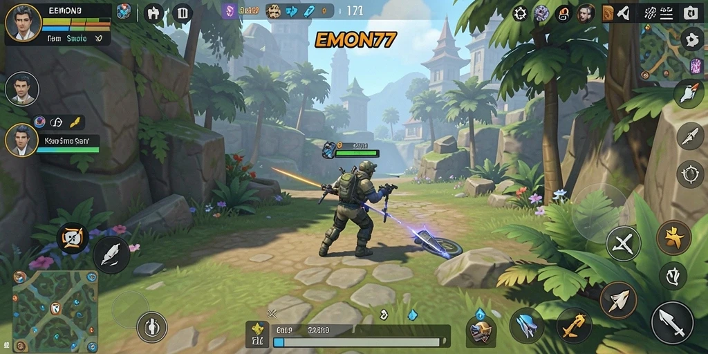 Tampilan gameplay yang ceria dan menggembirakan di EMON77.